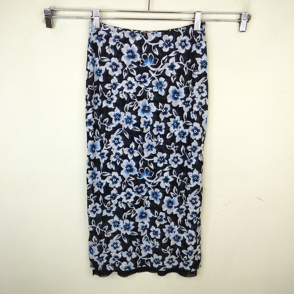 Free People Floral Midi Skirt XS Mesh Overlay Y2K Pull On Black Blue